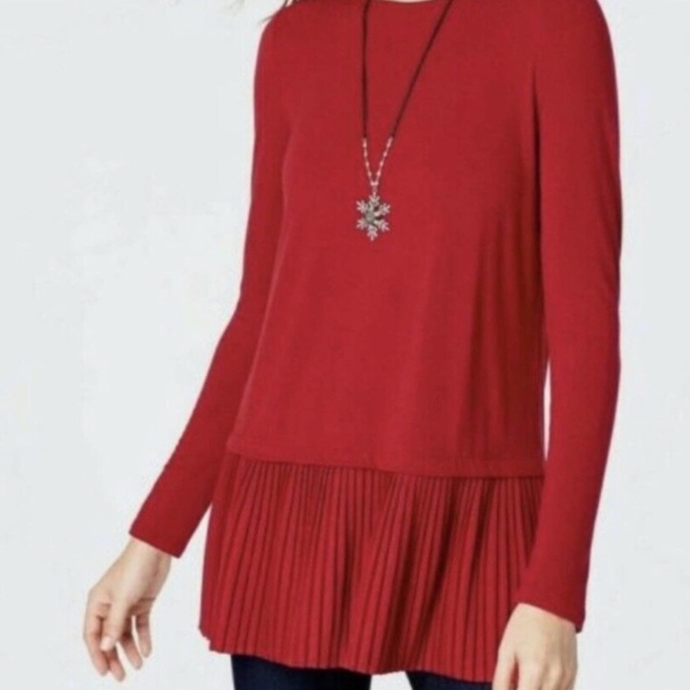 J.JILL TOP BLOUSE PLEATED HEM LONG SLEEVE  CASUAL COMFORT RED MEDIUM